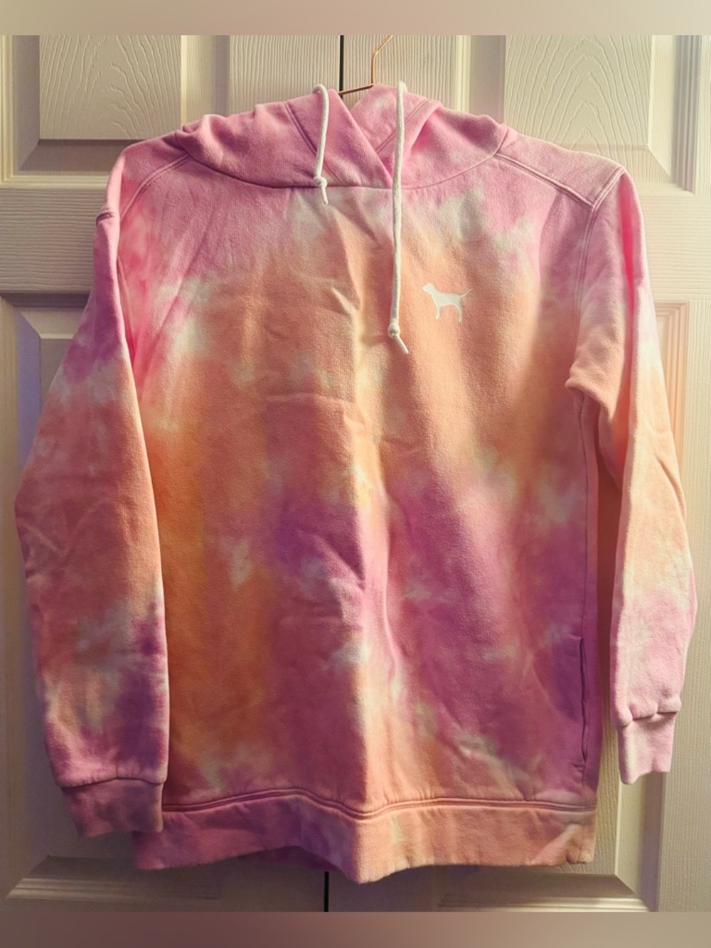 PINK Victoria's Secret Pink and Orange Tie-Dye Hoodie with Dog Logo